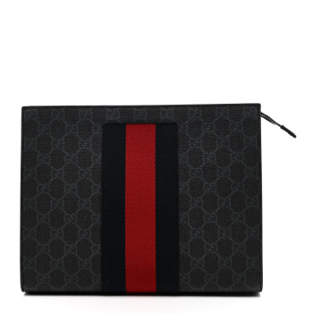 GUCCI GG Supreme Monogram Selleria Calfskin Web New Web Cosmetic Case Black