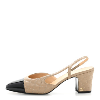 CHANEL Lambskin Patent Calfskin Quilted Cap Toe CC Slingback Pumps 40 Beige Black