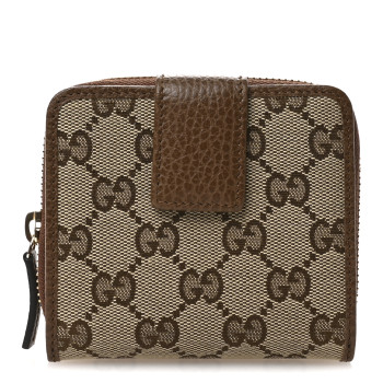 GUCCI Monogram Dollar Calfskin Zip Around French Wallet Beige Ebony Tabacco