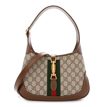 GUCCI GG Supreme Monogram Calfskin Web Small Jackie 1961 Hobo Beige Brown Sugar