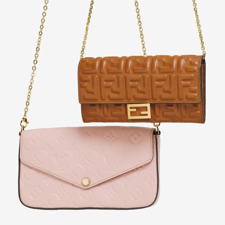 one light pink Louis Vuitton Empriente Monogram Felicie wallet on chain bag and one tan color Fendi FF embossed wallet on chain bag
